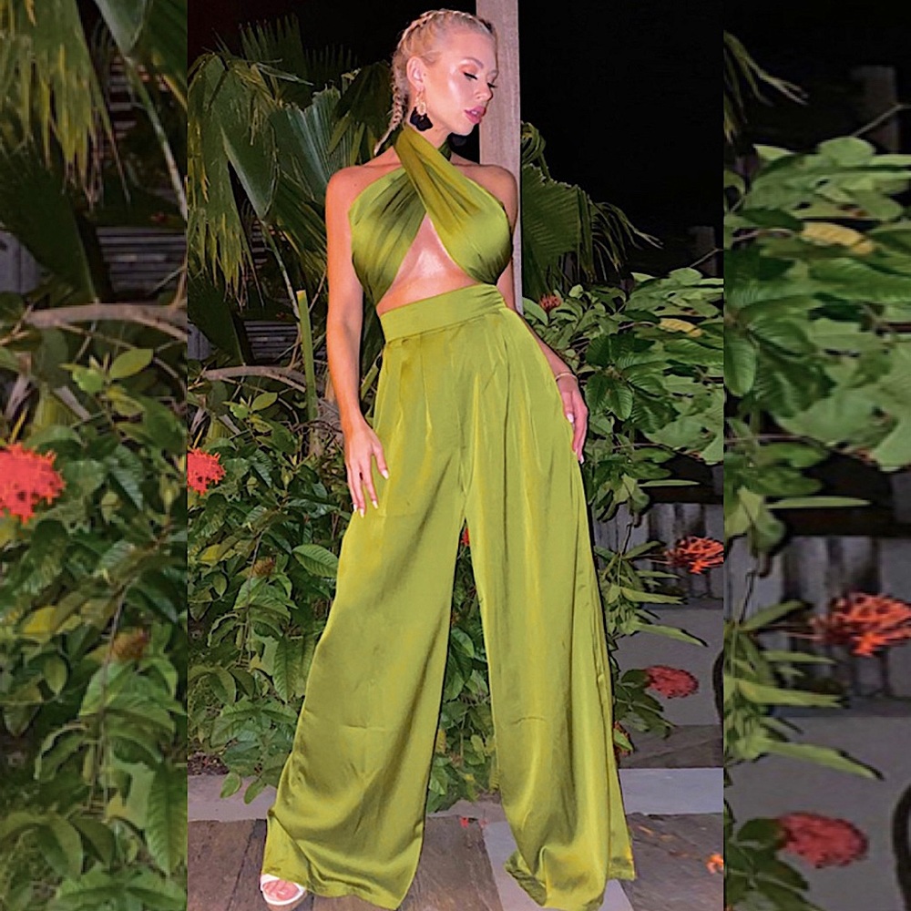 Criss Cross Halter Satin Wide leg Pant Set